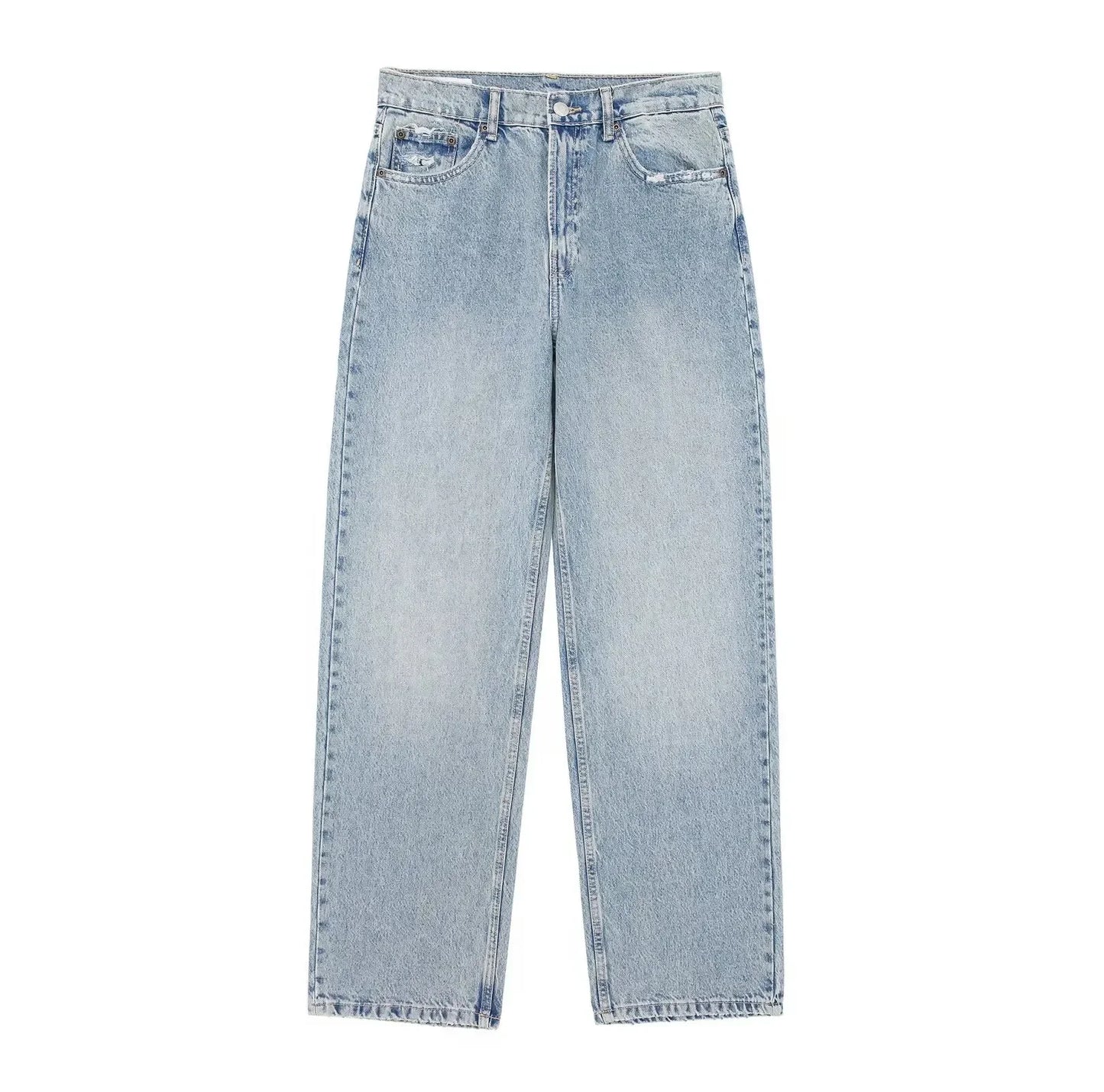 2024 Women's Street Fashion Denim Blue Jeans Distressed Patchwork High Waist Zipper Fly Ripped Retro Long Pants