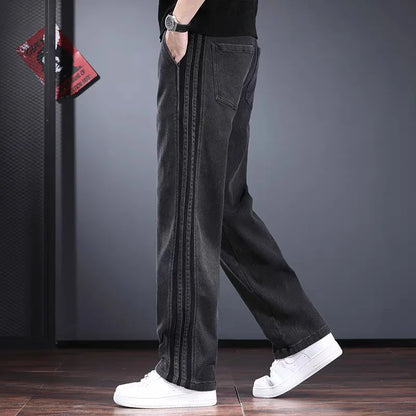 Korean Men'S Jeans Fashion Casual Pants Retro Men'S Straight Leg Pants Side Striped Denim Drawstring Pants