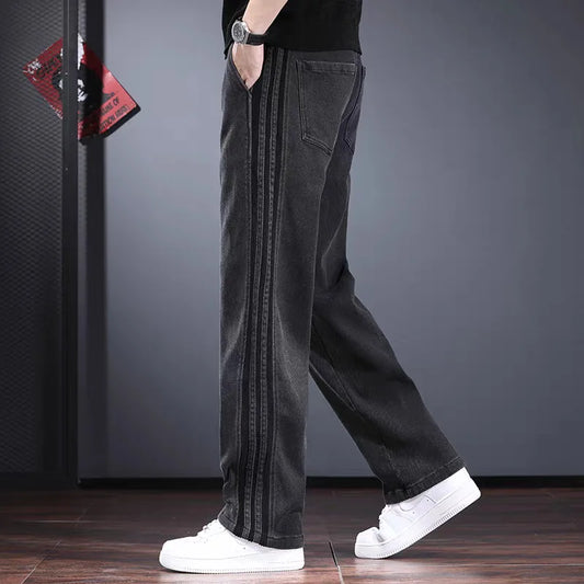 Korean Men'S Jeans Fashion Casual Pants Retro Men'S Straight Leg Pants Side Striped Denim Drawstring Pants
