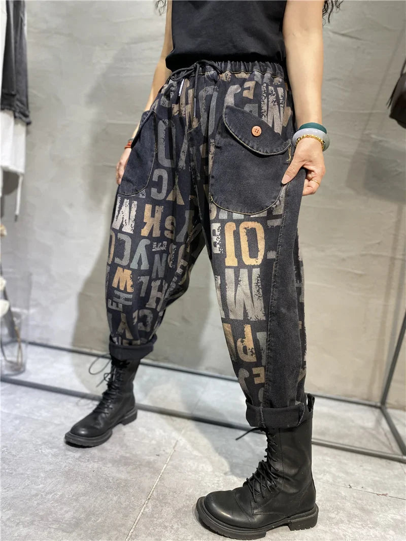 Korean Design Womens Printed Loose Jeans Fall Fashion Letter Elastic Denim Pants Ladies Leisure Punk Harem Trousers
