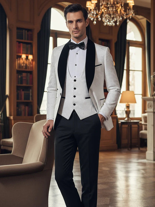 High Quality White Party Outfit for Man Luxury Retro Carving Slim Fit Tuxedo Prom Suit Fashion Male Groom Wedding