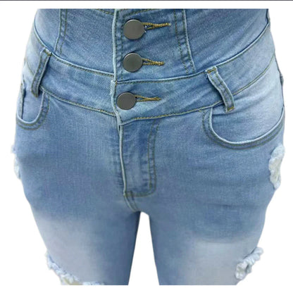 Women's High Waisted Elastic Jeans Vintage Hole Blue Tight Denim Trouser Basic Small Leg Jeans Elastic Tight Pants New