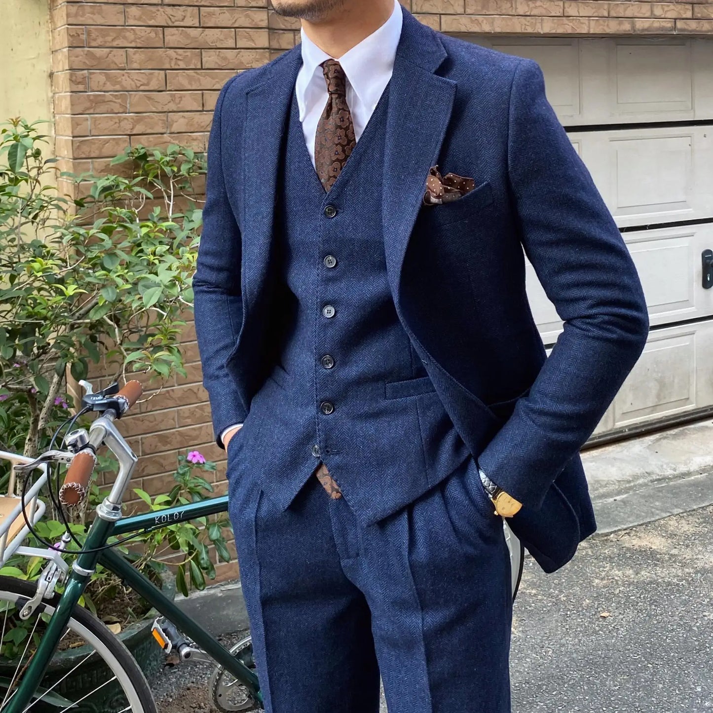 New Retro Herringbone Slim Fit Men's Suit Gentlemen's 3-piece Suit Single Breasted Handsome Autumn Winter Business Casual Formal