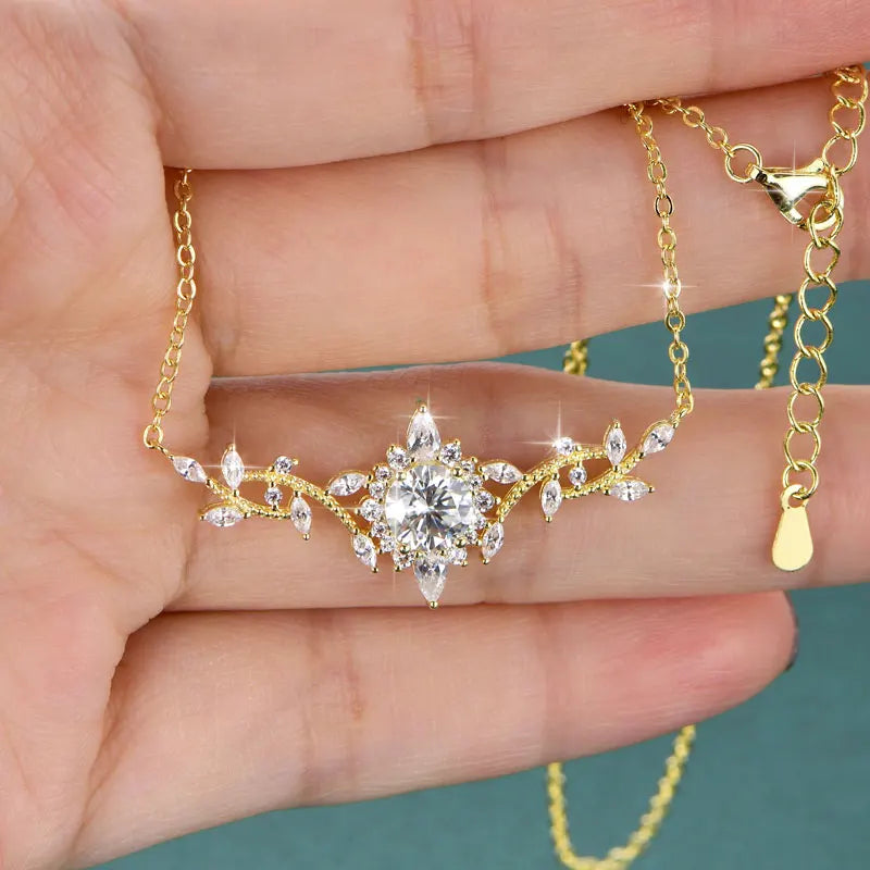 Certificated Moissanite Necklace 14K Gold Filled Sophisticated Floral Leaf Pendant Necklaces for Women Wedding Jewelry