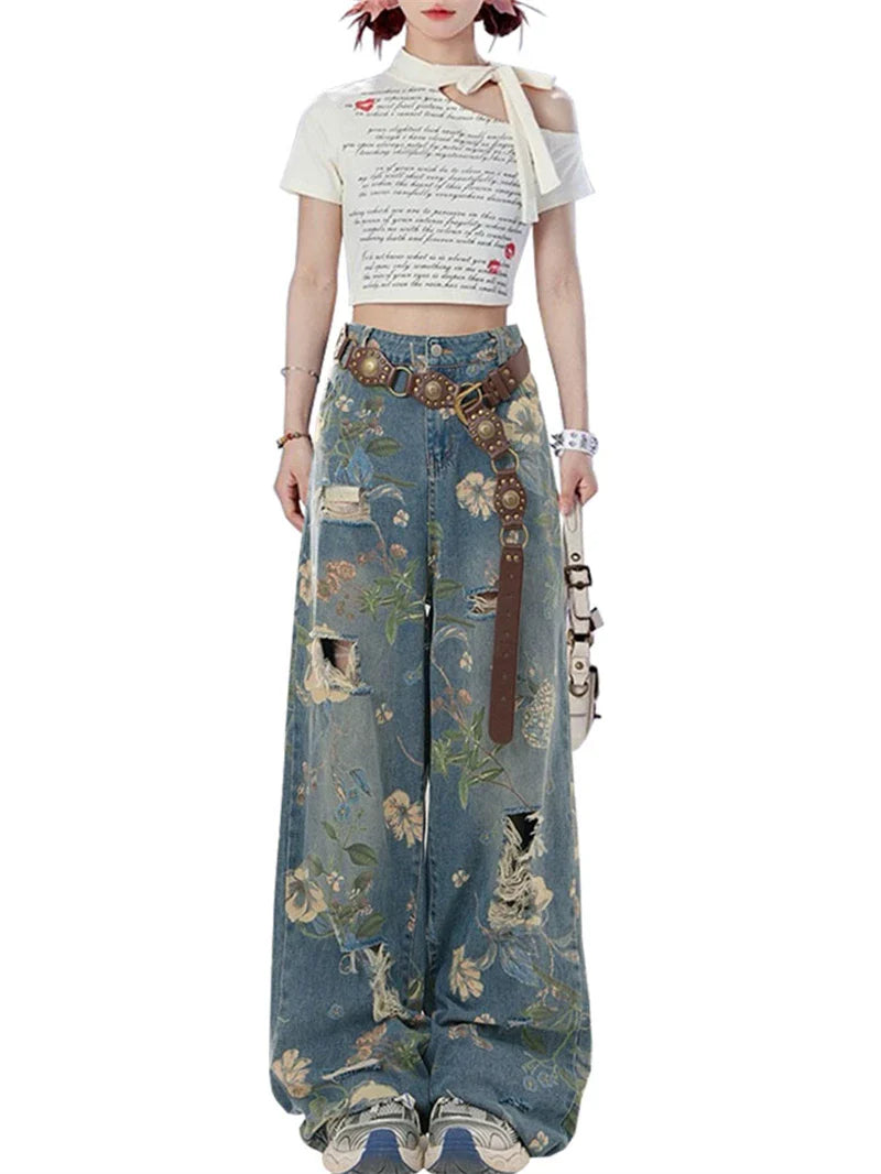 Women Y2k Graphic Print Ripped Jeans Baggy Harajuku 90s Aesthetic Denim Trousers Vintage Japanese 2000s Style Trashy Jean Pants