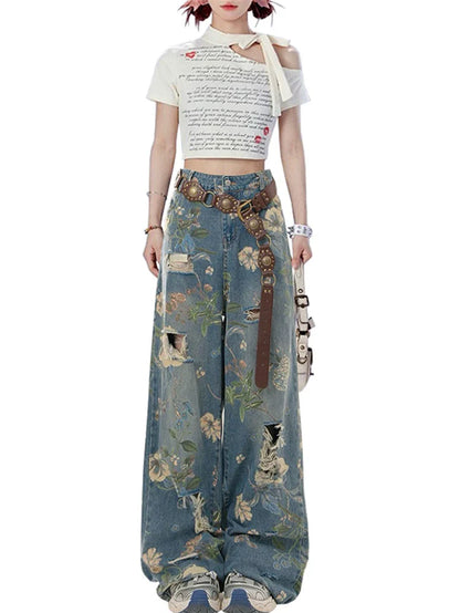 Women Y2k Graphic Print Ripped Jeans Baggy Harajuku 90s Aesthetic Denim Trousers Vintage Japanese 2000s Style Trashy Jean Pants