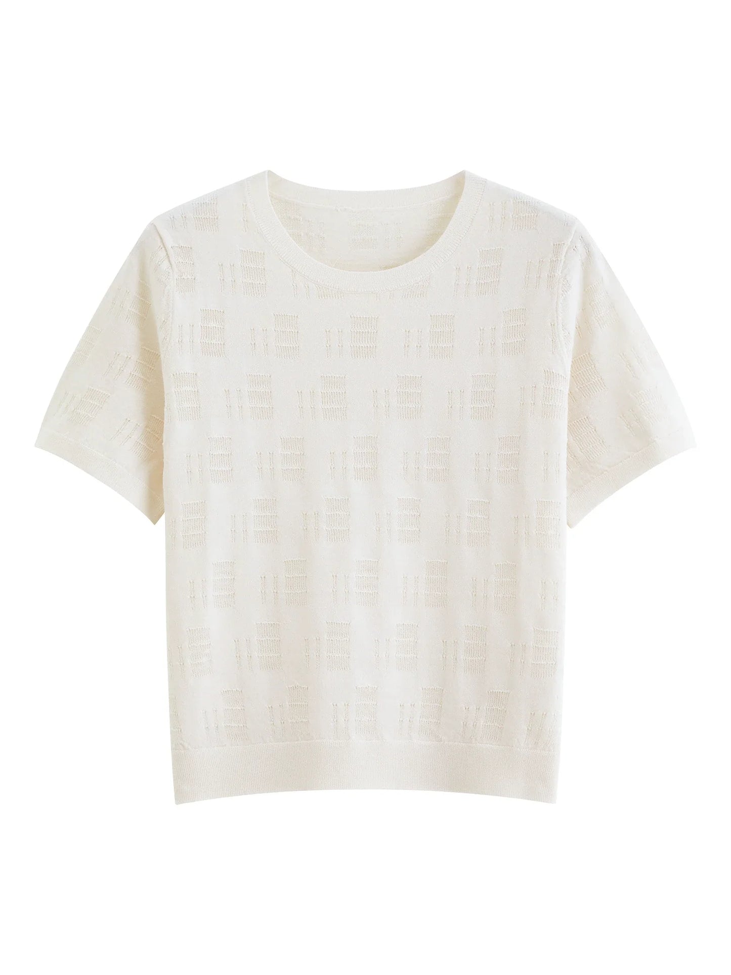 2026 Summer Women's Textured Cut-out Round Neck Short Sleeve Knit Top Soft Lightweight Breathable Blouse Elegant Style