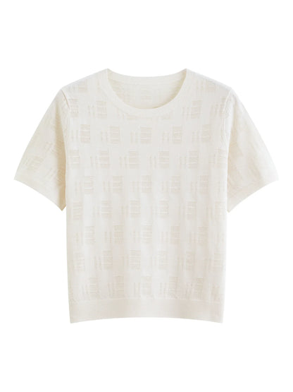 2026 Summer Women's Textured Cut-out Round Neck Short Sleeve Knit Top Soft Lightweight Breathable Blouse Elegant Style