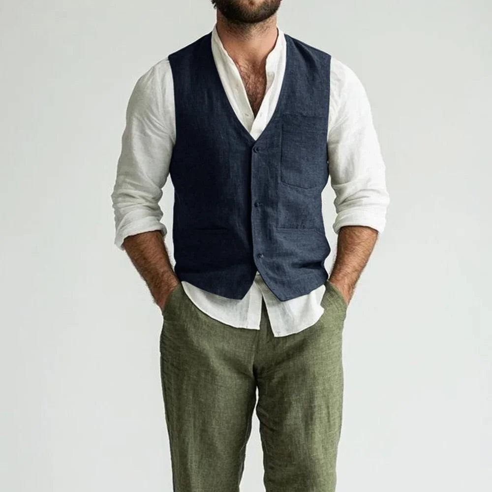 Linen Man Vest Solid Color Elegant for Men's Suit V-Neck Lightweight Casual Style Single-Breasted V-Neck Classic Sleeveless