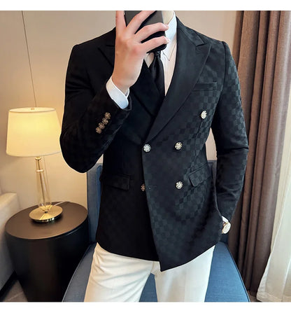 6 Color Fashion Double Breasted Plaid Suit Jacket Luxury Men Slim Fit Business Social Wedding Formal Suit Coats Plus Size 5XL-M