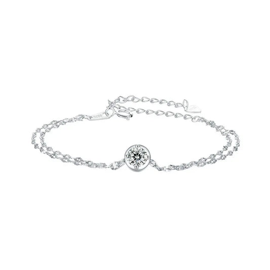Bracelet double couche en argent sterling 925 avec moissanite, diamant de laboratoire rond, chaîne à maillons, cadeau de mariage de luxe pour femme