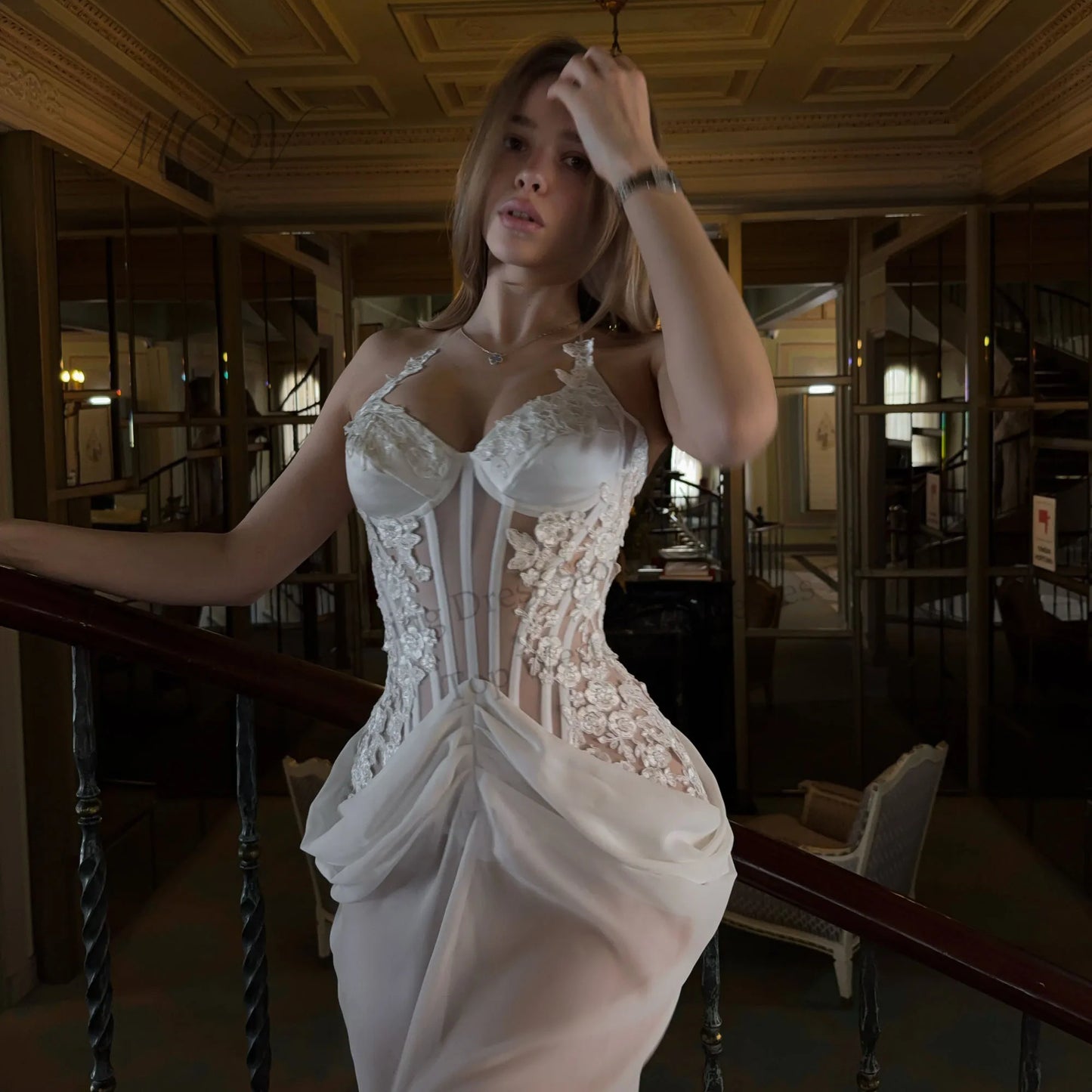 White Chiffon Mermaid Bridal Dress Halter Spaghetti Strap Bodice High Side Slit Lace Up Back Civil Engagement Party Wedding Gown