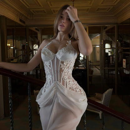 White Chiffon Mermaid Bridal Dress Halter Spaghetti Strap Bodice High Side Slit Lace Up Back Civil Engagement Party Wedding Gown