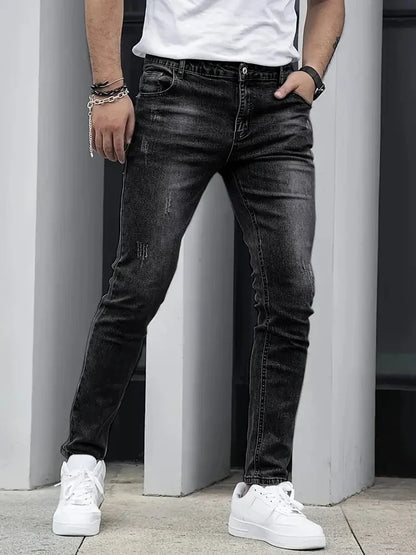 2025 Men's Slim Four-Season Washed Fashion Jeans Stretch Slim Fit Light Blue Gray Black Casual Denim Pants