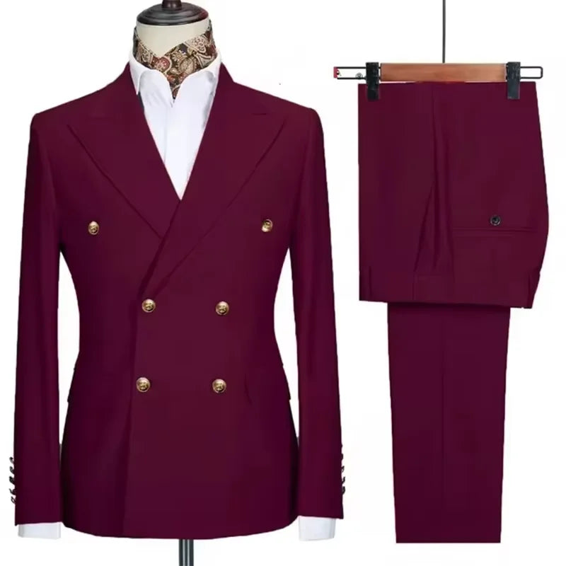 2025 New Men's 2 Piece(Jacket+Pants)Double Breasted Slim Fit Elegant Suit Wedding Groom Business Banquet Tailor-made