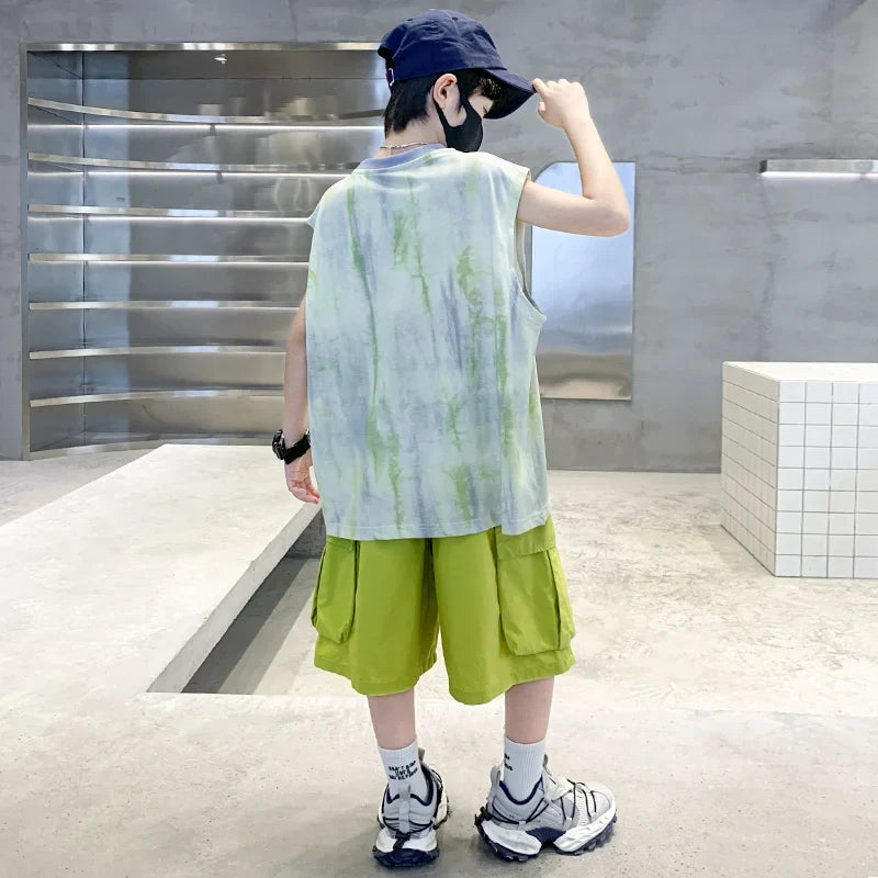 New Summer Kids Clothing Set Sleeveless T-shirt Suit with Shorts for Boy Luxurious Cotton Tracksuit 5 6 7 8 9 10 11 12 13 14 T