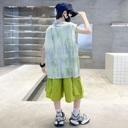 New Summer Kids Clothing Set Sleeveless T-shirt Suit with Shorts for Boy Luxurious Cotton Tracksuit 5 6 7 8 9 10 11 12 13 14 T