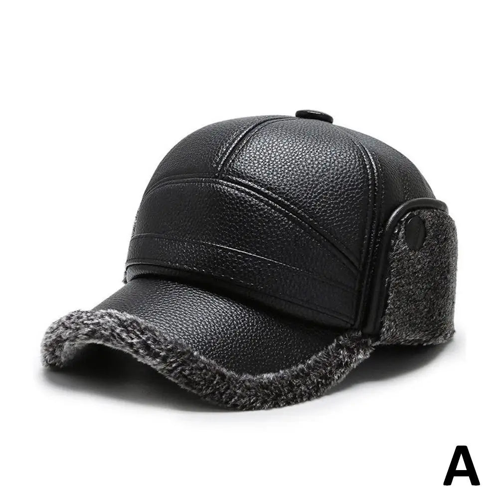 Winter Baseball Cap Men PU Leather Bomber Caps Middle Elderly Dad Hat With Earflaps Thicker Warm Windproof Tongue Hat Keep Warm