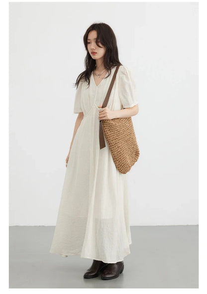 Women Dresses French Style Vintage V-neck Puff Sleeve Long Dress Solid Black Loose Female Clothing Summer New 2023