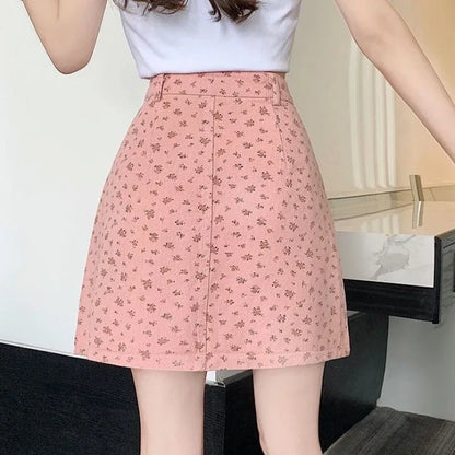 Floral Skirts Women Denim Mini A-line Sweet High Waist Korean Fashion Age-reducing Summer Lovely Girls Tender Temperament Ins