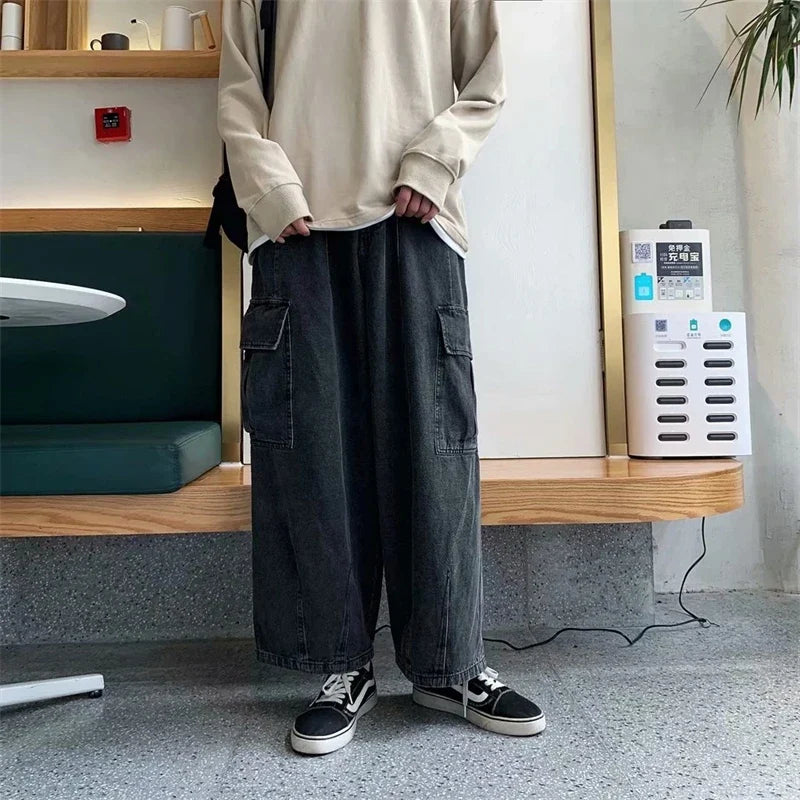 Baggy Jeans Men's Oversize Streetwear Fashion Wide Leg Cargo Pants Hip Hop Harajuku Multi-Pocket Denim Trousers Black Blue