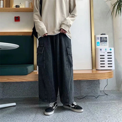 Baggy Jeans Men's Oversize Streetwear Fashion Wide Leg Cargo Pants Hip Hop Harajuku Multi-Pocket Denim Trousers Black Blue