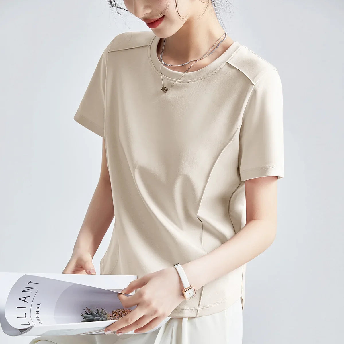 Summer Women's White Mercerized Cotton T-Shirt | 3D Stitching Round Neck Basic Top | Plus Size Slim Fit Layered Casual Blouse