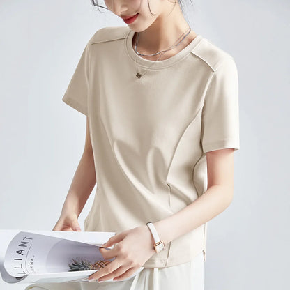 Summer Women's White Mercerized Cotton T-Shirt | 3D Stitching Round Neck Basic Top | Plus Size Slim Fit Layered Casual Blouse