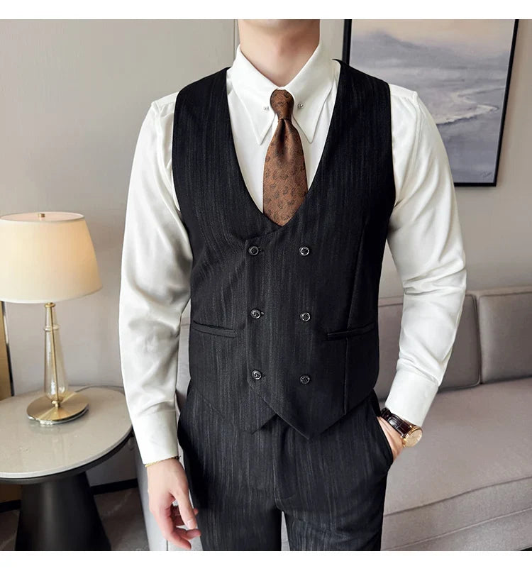 ( Vest + Pants) Double-breasted Striped With Pants Men Business Slim Fit Suit Vest 2 pieces Formal Groom Wedding Dress Vest