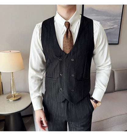 ( Vest + Pants) Double-breasted Striped With Pants Men Business Slim Fit Suit Vest 2 pieces Formal Groom Wedding Dress Vest