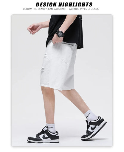 Summer New White Casual Men's Denim Shorts Ripped Fashion Loose Straight Street Bermuda Jeans Male Hole Short Pants