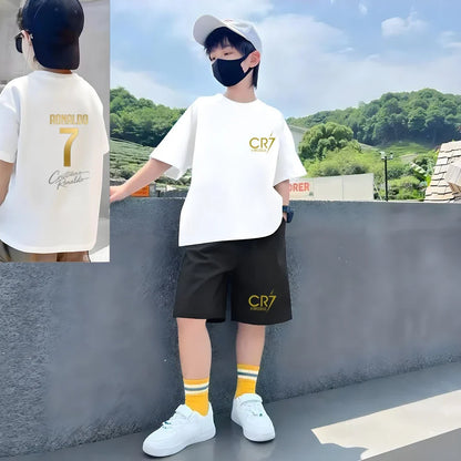 Children Short-sleeved T-shirt+Shorts Football Player Player No. 7 Print Boys Girls Toddler 3-12Yrs Sports Set Summer Clothing