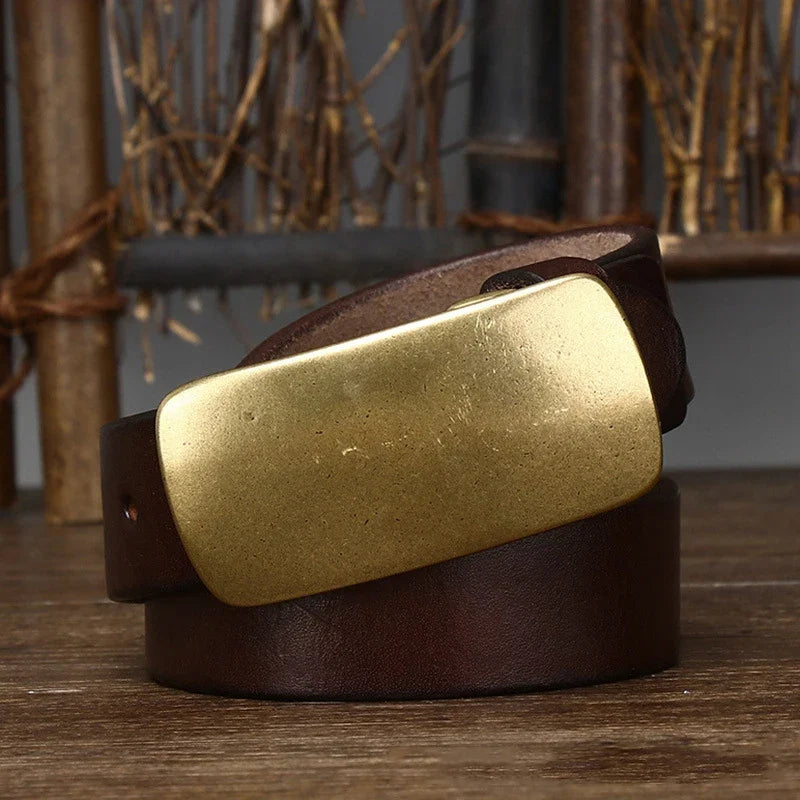 3.3cm Pure Cowskin Men Belt High Quality Genuine Leather Smooth Brass Buckle Strap Male Jeans Luxury Designer Belts for Man