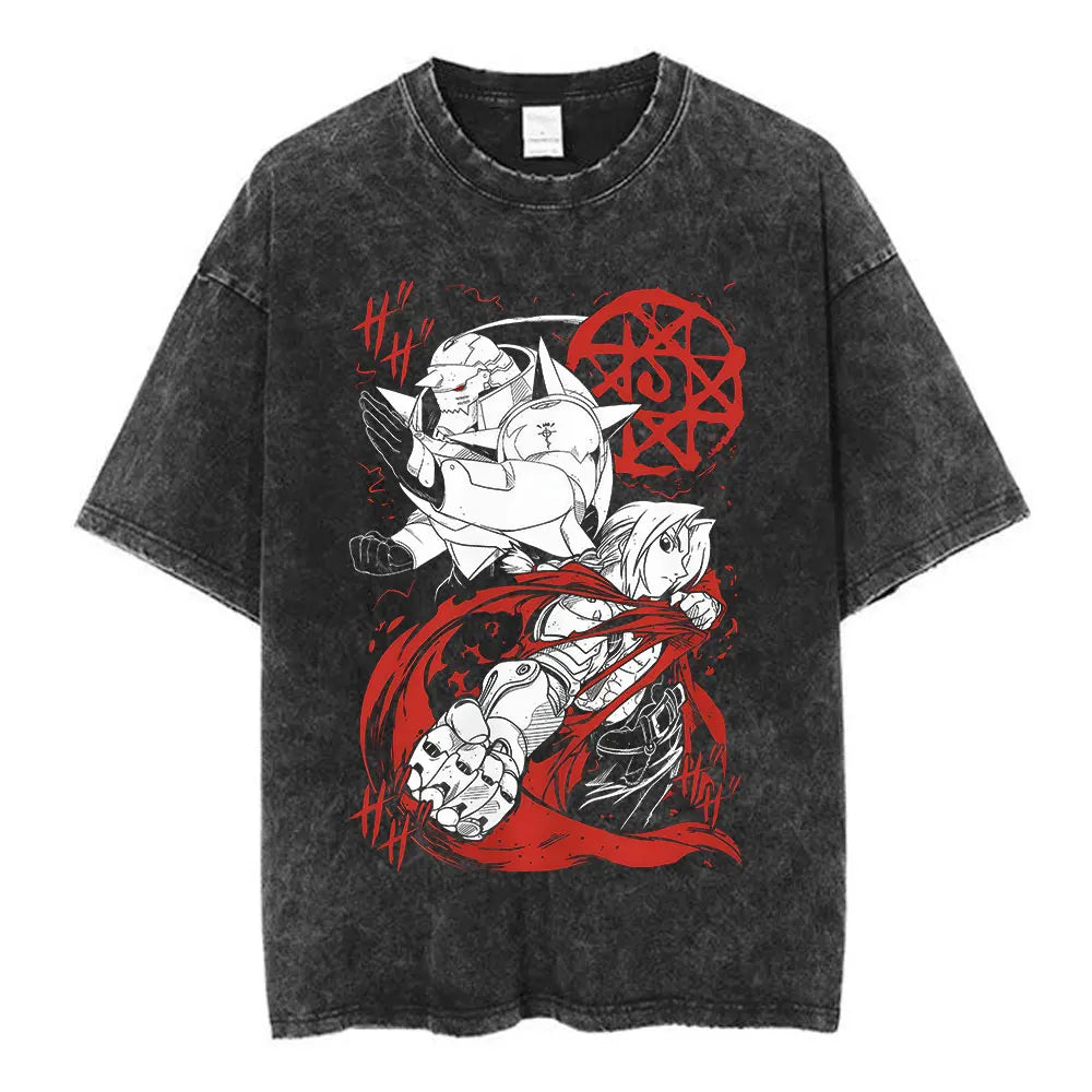 Anime Fullmetal Alchemist Washed T Shirts Edward Elric Alphonse Elric T-Shirt Men's Women Fashion Casual Oversized T-shirts Tops