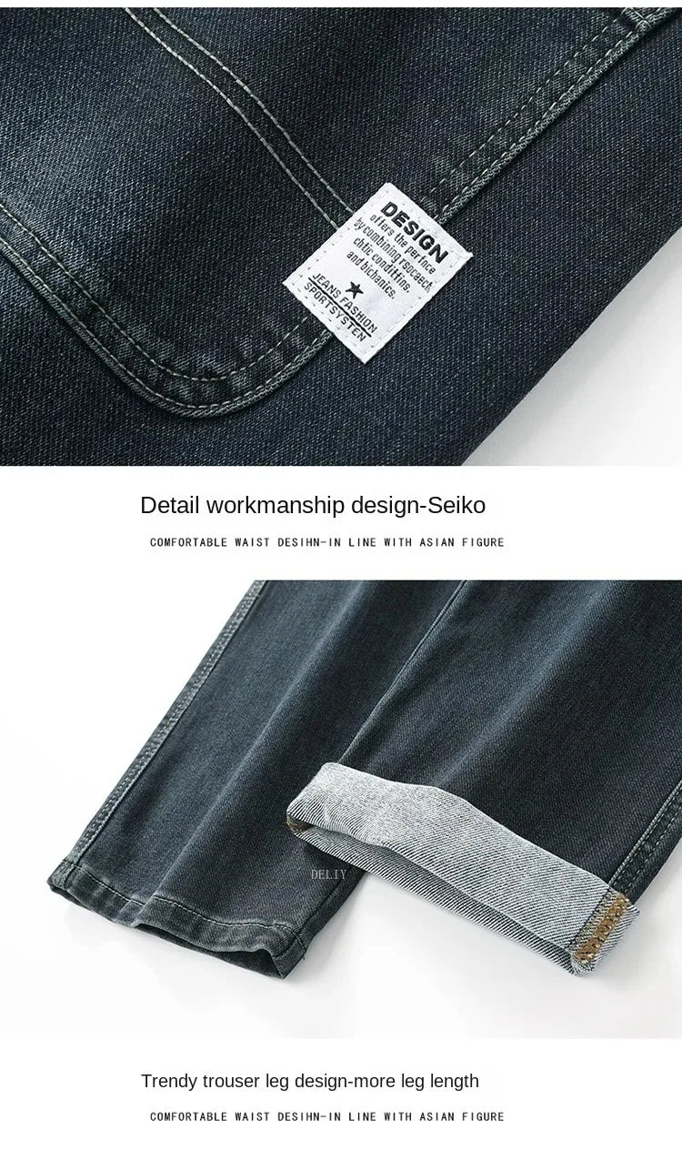 Autumn Winter  Brand New High Waist Jeans Classic Business Casual Office Men's Fashion Stretch Slim Denim Jeans Navy Blue