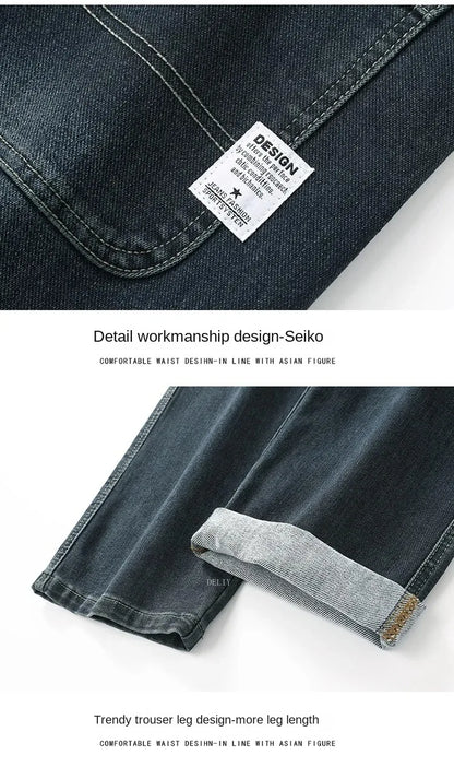 Autumn Winter  Brand New High Waist Jeans Classic Business Casual Office Men's Fashion Stretch Slim Denim Jeans Navy Blue