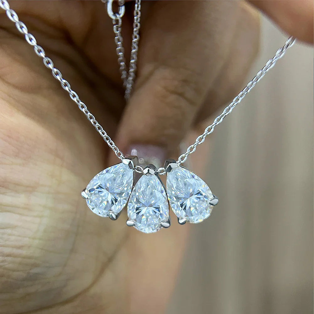 3-Stones Waterdrop Moissanite Pendant Necklace for Women S925 Silver Pear Cut Diamond Neckchain with Certificates Fine Jewelry