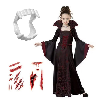 Girls Halloween Vampire Costume Adult Vampiress False Teeth Stickers Role Play Carnival Party Cosplay Outfits for Women