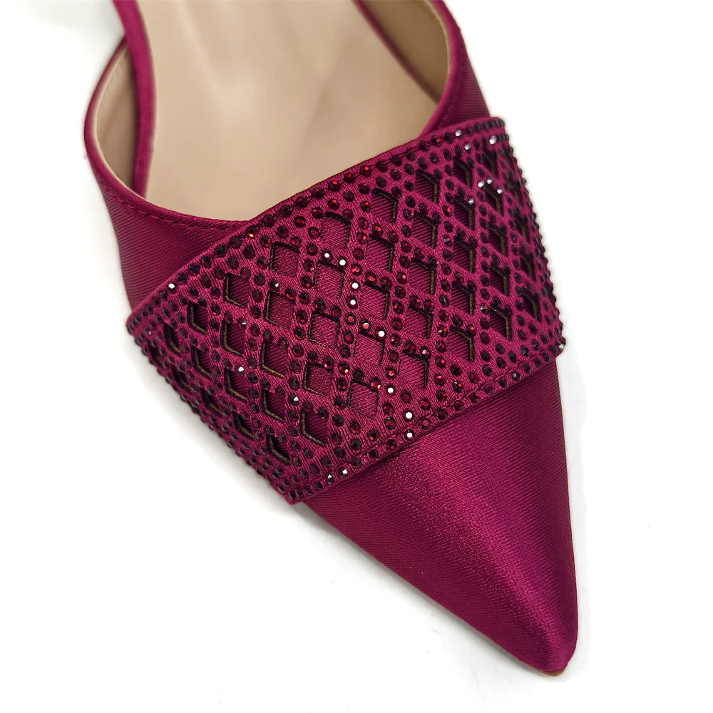 2025 New Elegant Nigerian Women’s Wine Colour Heeled Shoes and Rhinestone Handbag Set – Italian Design for Parties and Weddings