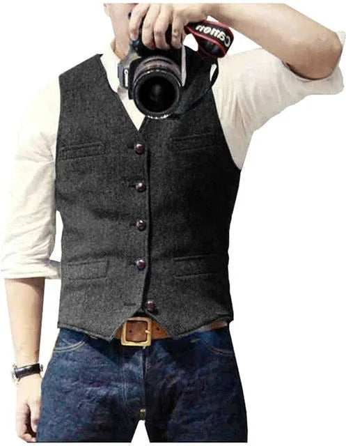 Mens Suit Vest Tweed Retro V Neck Wool Herringbone Waistcoat for Prom Single Breasted Males Dress Suit Vest Plus Size