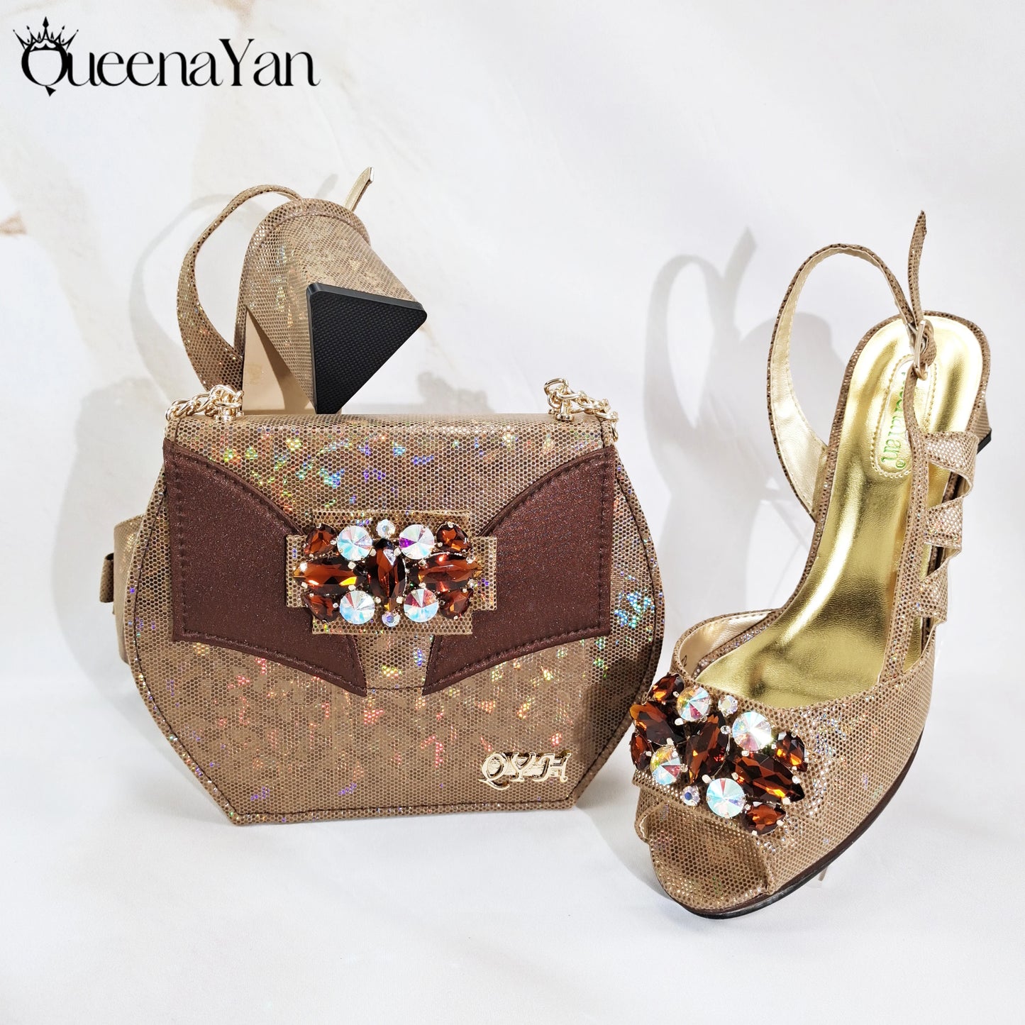 Newest Italian Design Special Synthetic Fabrics Women's Matching Shoes and Bag Set High Heel for Weddings and Parties