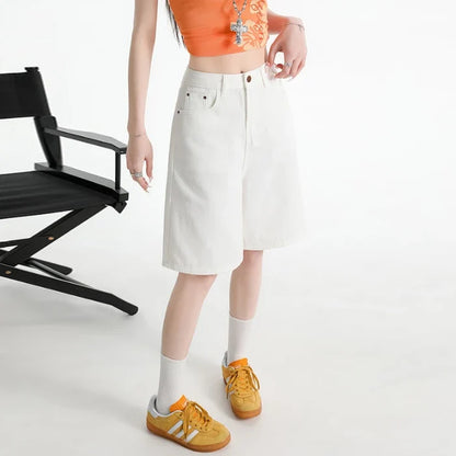Women's High Waist Wide Leg  Y2K American Retro Washed Five-Point Denim Shorts Summer Loose Slim Straight Cut Mid-Length Pants