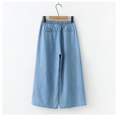 Women's Pants Summer Drawstring Wide-leg Pants Cotton Blue Calf-Length Jeans Pants Mom Elastic Waist Straight Pants Women