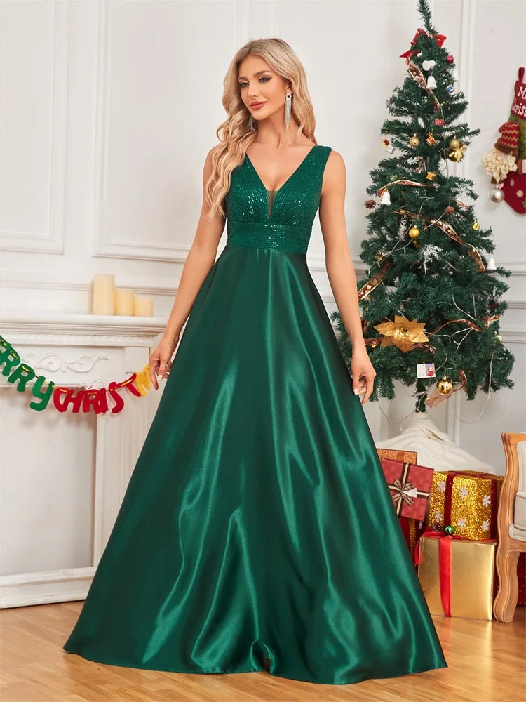 Elegant Sequins Evening Dress For Women 2024 Deep V-neck Satin Prom Party Green Dress Floor Length Blue Formal Gowns