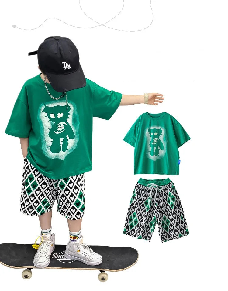 Summer Boys Cotton Short-Sleeved T-shirt Tops+Drawstring Shorts Pant School Kids 2PCS Tracksuit Child Outfit Workout Set 3-14 Yr
