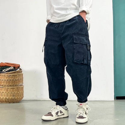 High Quality Snow Wash Distressed Cargo Pants Men Korean Fashion Plus Size Harem Pants Streetwear Joggers Casual Baggy Trousers