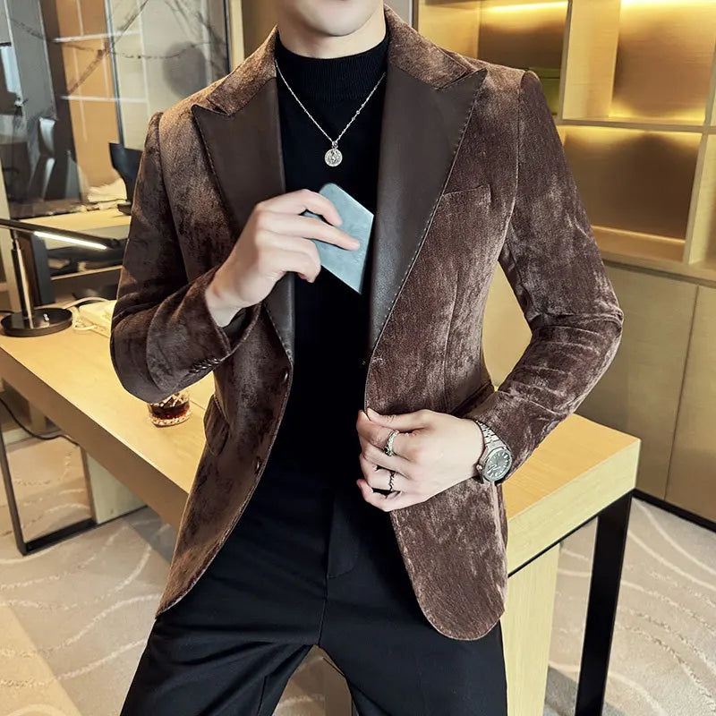 Splicing Leather Neck Fashion Suit Jacket Luxury Men's Business Slim Fit Social Formal Blazers Coats Wedding Groom Tuxedos 5XL-M