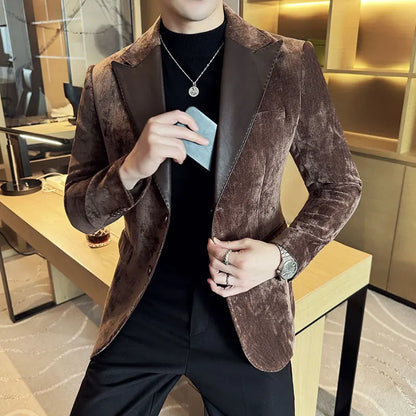 Splicing Leather Neck Fashion Suit Jacket Luxury Men's Business Slim Fit Social Formal Blazers Coats Wedding Groom Tuxedos 5XL-M