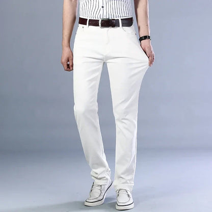 Men's Jeans Pure White Fashion Elastic Slim Youth Slimming Straight Leg Male Pants Business Casual Middle Age High End Trousers