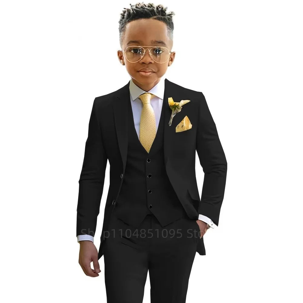 Stylish Boys Suit Wedding Tuxedo Solid Peak Lapel Jacket Vest Pants Party Prom 3 Piece Set Kids Formal Outfit 2-18 Years Old